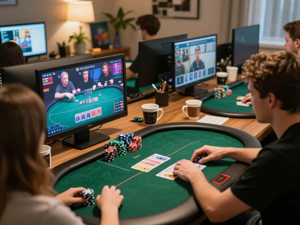 Players engaging in an exciting online poker game reflecting fc88on strategy in a cozy home setting