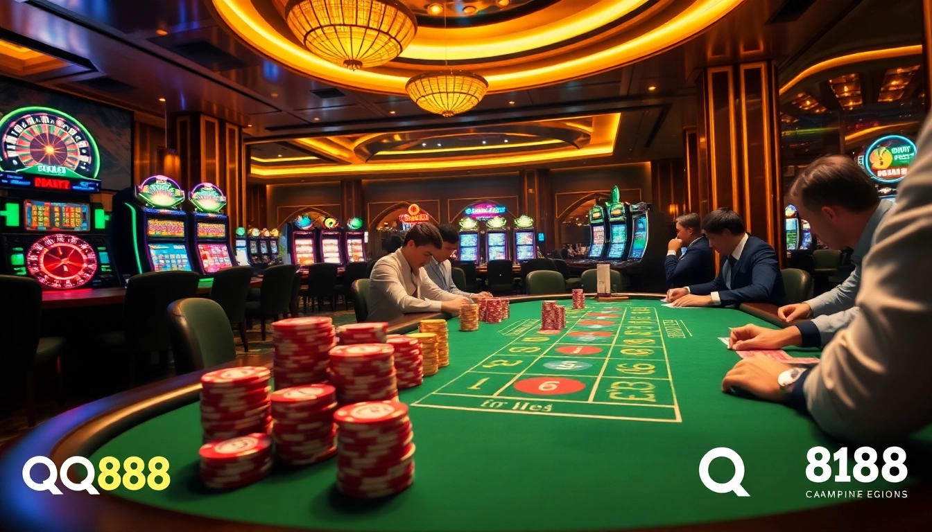 Experience the thrill of QQ88 Social at a vibrant casino with poker tables and roulette wheels.