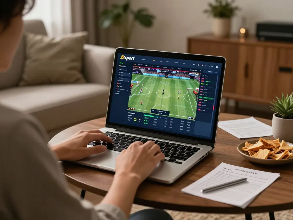 Player engaging in online sports betting on Bsport platform, with live odds displayed on laptop screen in a cozy home setting.