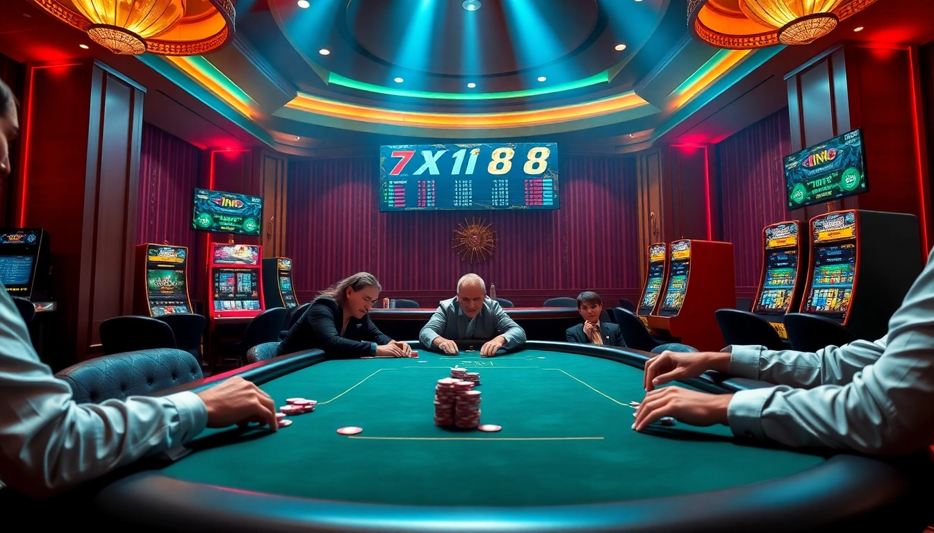 Players engaging in an intense poker game at xin88, surrounded by vibrant casino elements.