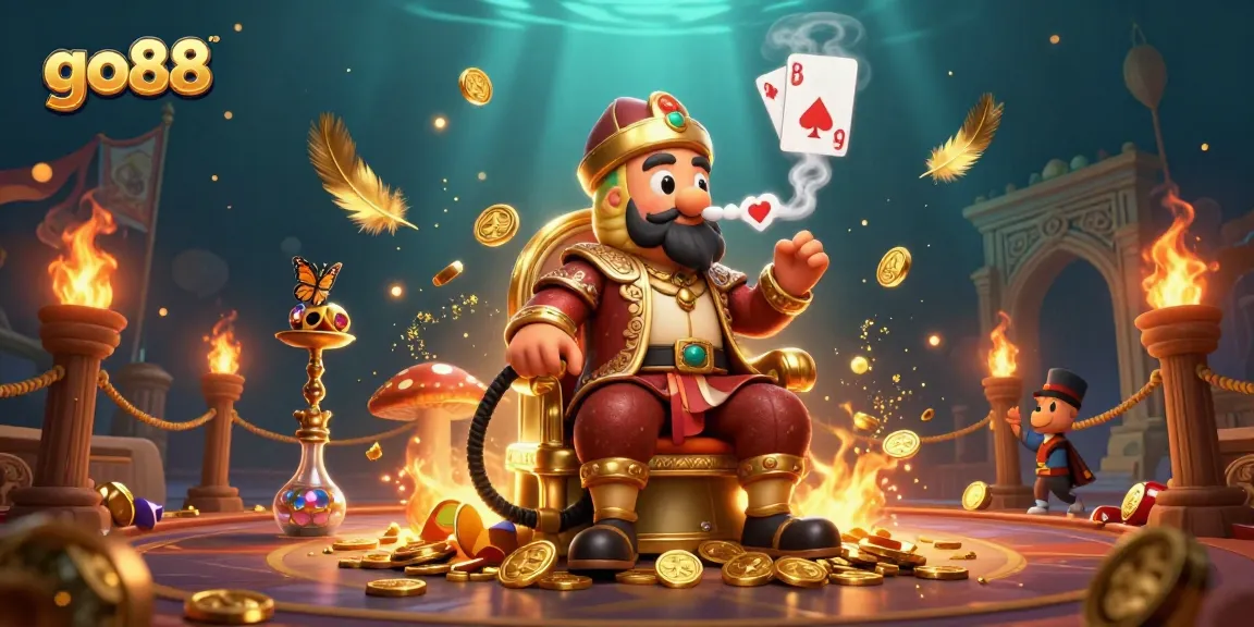 Experience go88's vibrant games with a captivating scene of a hookah-master and gambling elements.