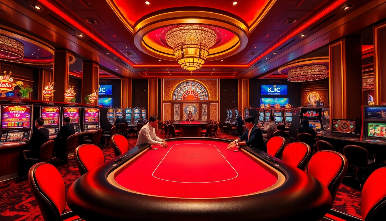 KJC branding showcased in a luxurious casino scene, featuring poker tables and slot machines.