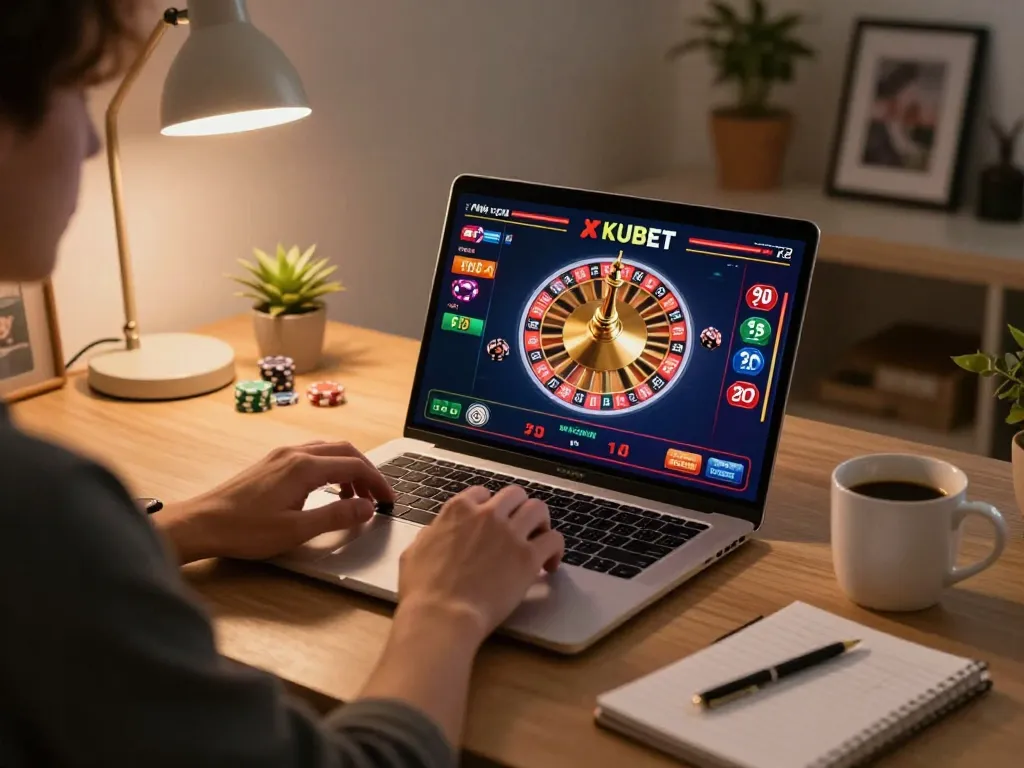 KUBET player engaging in online roulette with chips moving and spinning wheel, cozy gaming setup.