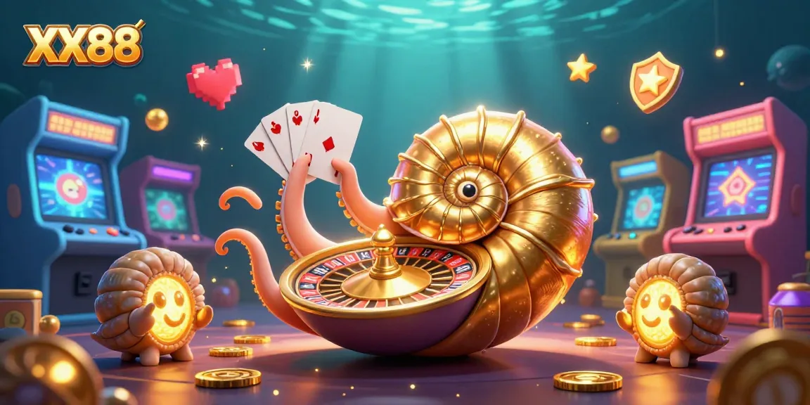Engage with exciting gameplay at XX88, featuring a giant nautilus as a roulette wheel among vibrant casino elements.