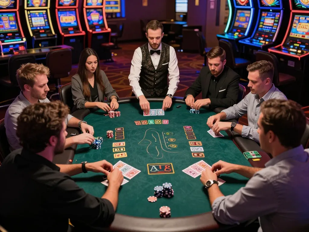 Intense blackjack game at 33win casino with players strategizing their bets and a professional dealer.