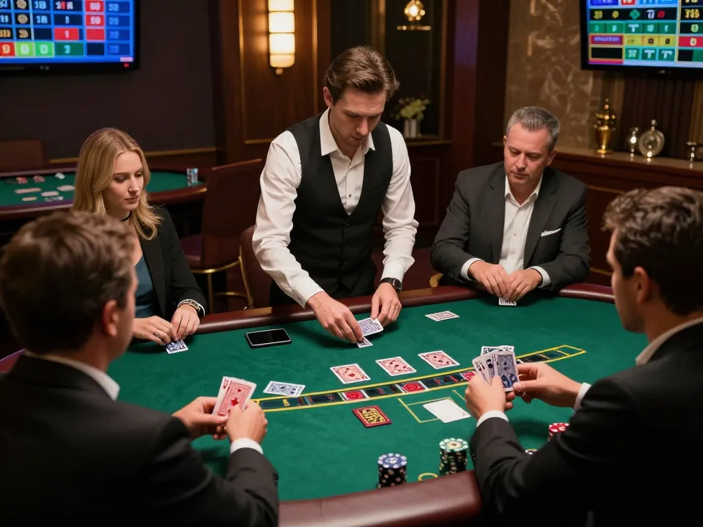 Sao789 players enjoying an engaging live dealer blackjack game, showcasing strategy and excitement in a luxurious casino setting.