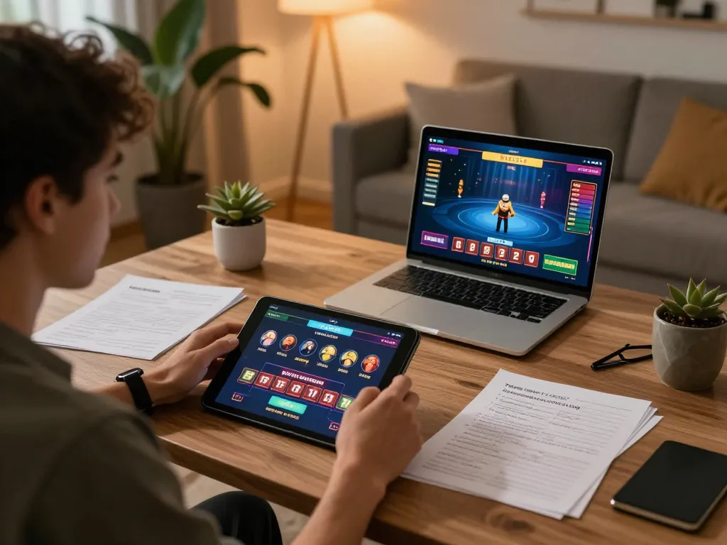 B52club player immersed in online gaming with tablet and betting strategies