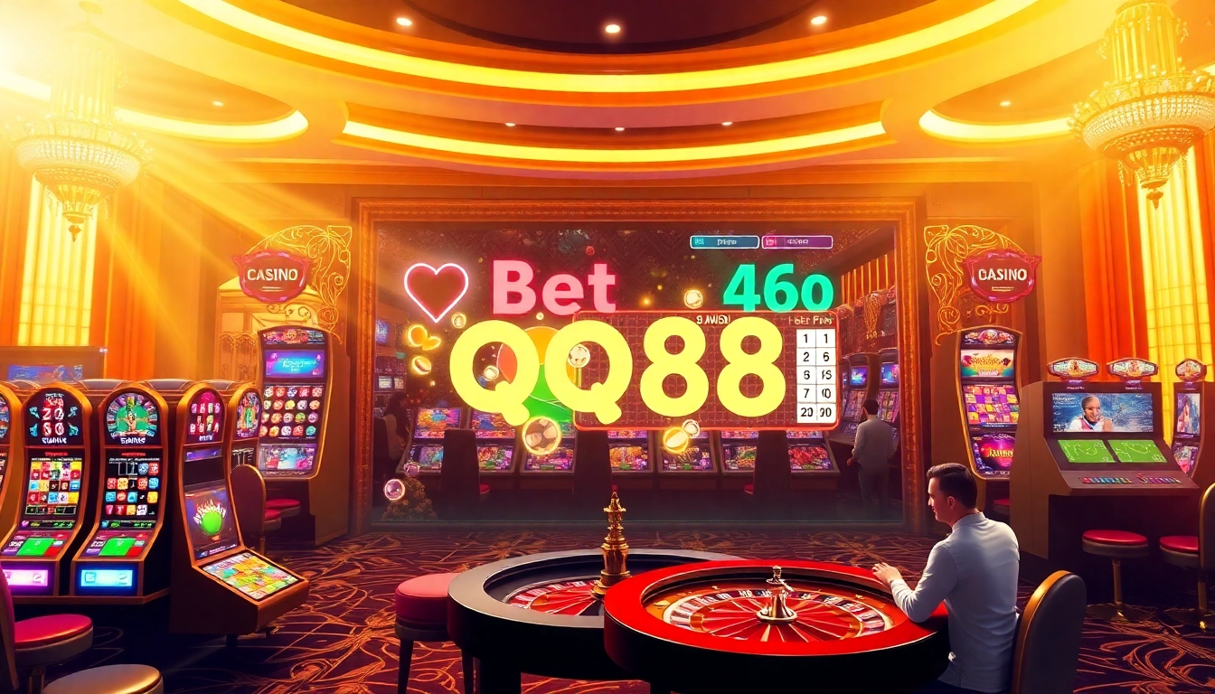 Players engaging in exciting bets on QQ88's vibrant online casino platform with slot machines and poker tables.