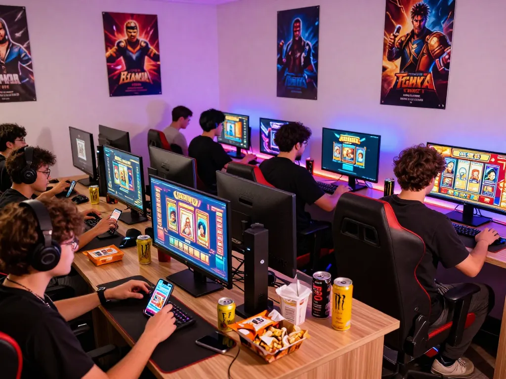 Engaged players enjoying rikvip games on various devices in a vibrant gaming setup.