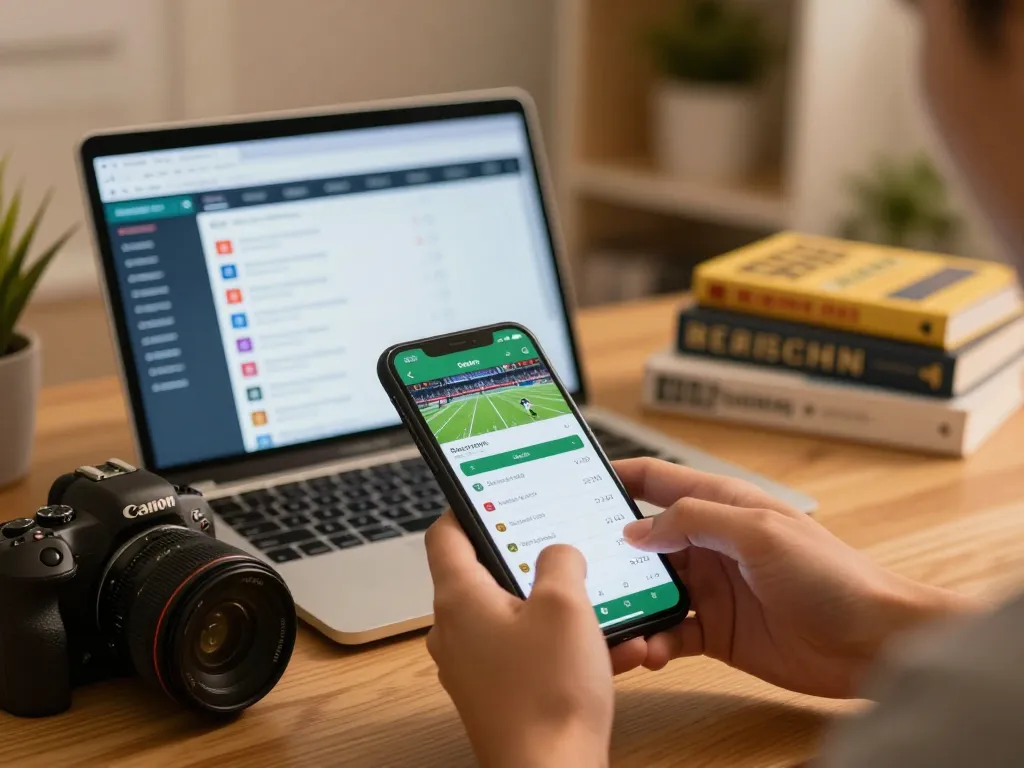 Engaging betting scene with debet sports app on smartphone in a cozy home setting.