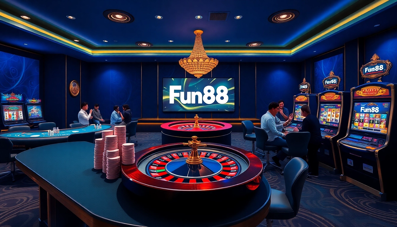 Engaging scene of a casino player using Fun88 login to access exciting online games, featuring poker chips and a roulette wheel.