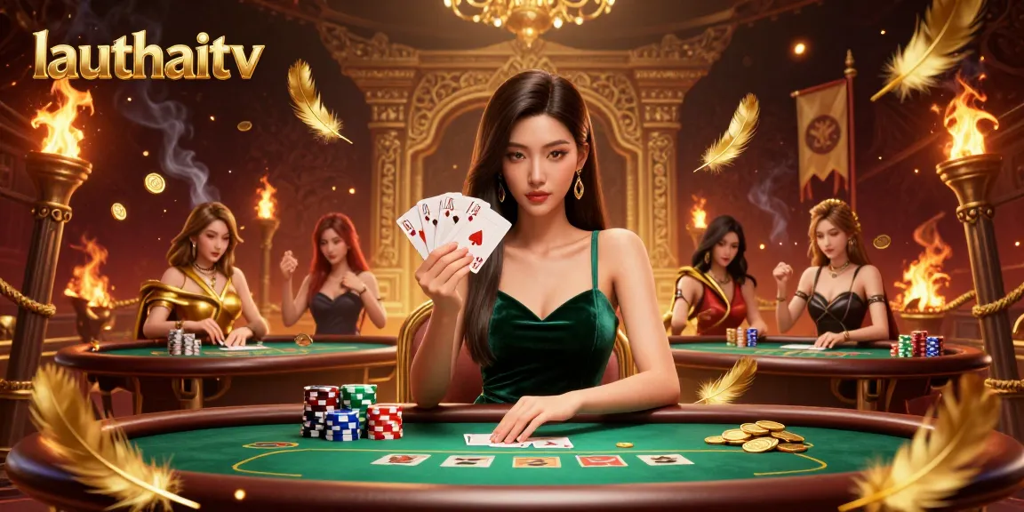 Engage in thrilling poker strategies at lauthaitv with an enchanting Asian woman player, surrounded by rich casino elements.