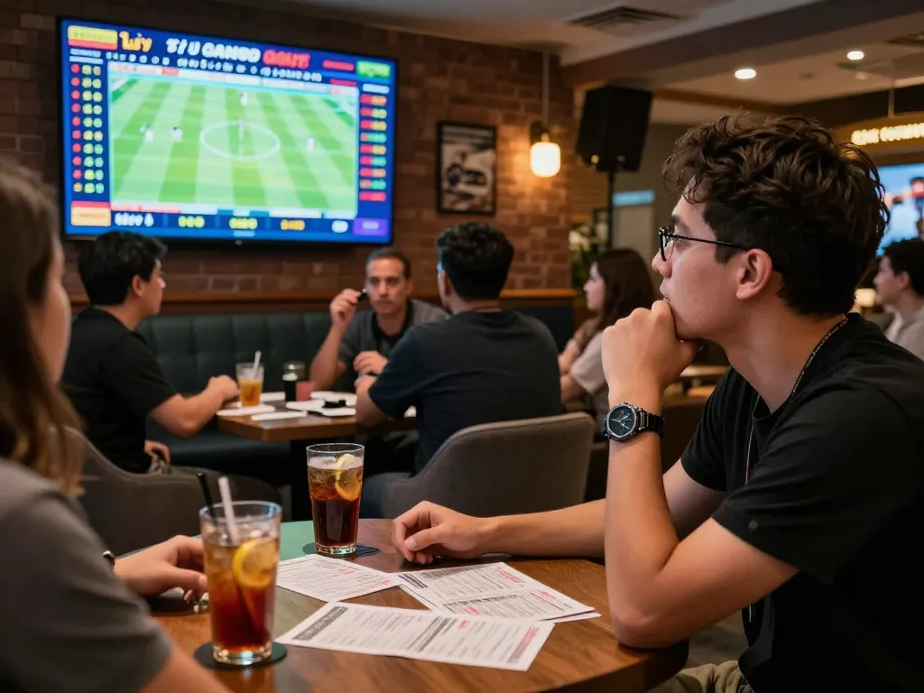 Engaged sports bettor examining live tỷ lệ kèo in a lively lounge environment.