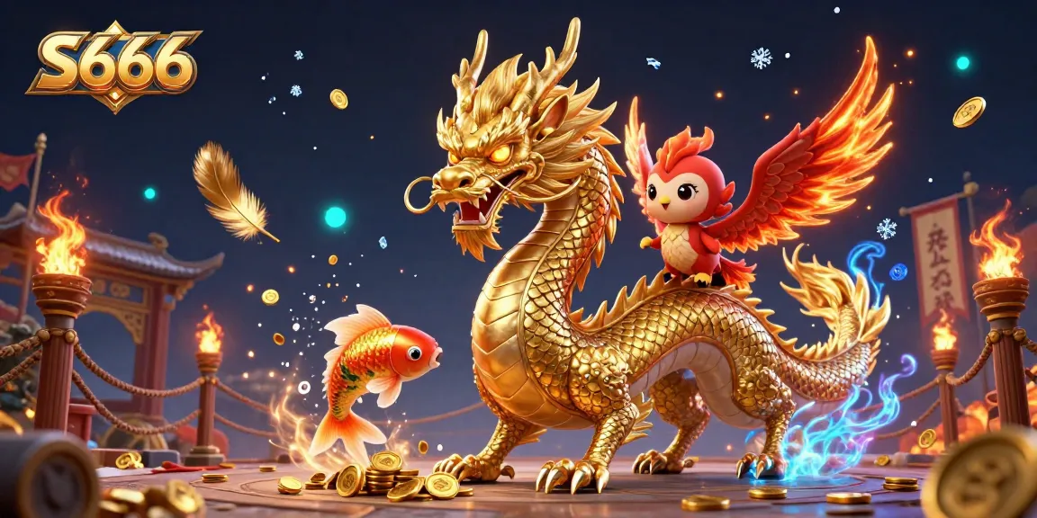 S666 gambling scene showcasing a golden dragon, phoenix, and koi fish amidst dynamic casino elements and gold coins.