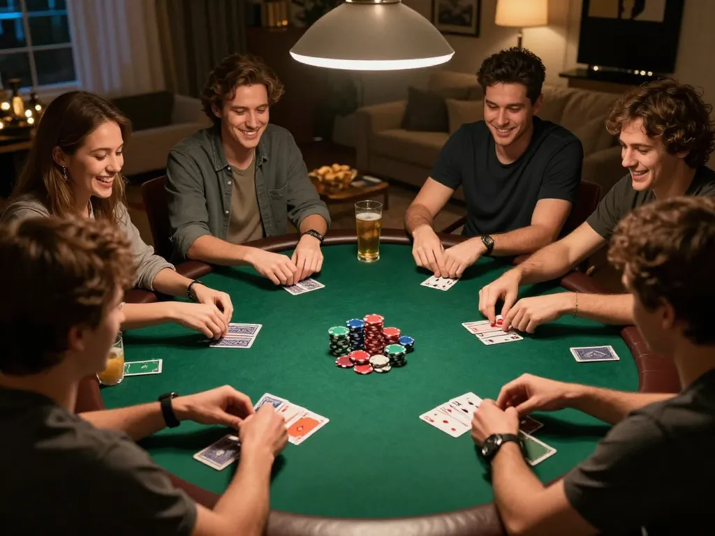 Friends play poker at home during a lively game night, showcasing the excitement of 789win strategies.