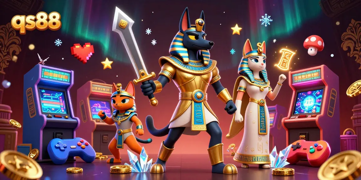 Experience thrilling games at qs88 with Anubis and Bastet surrounded by vibrant arcade machines and glowing elements.