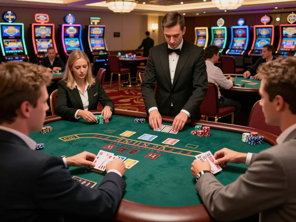 FLY 88 players engaging in intense blackjack gameplay at a luxurious casino.