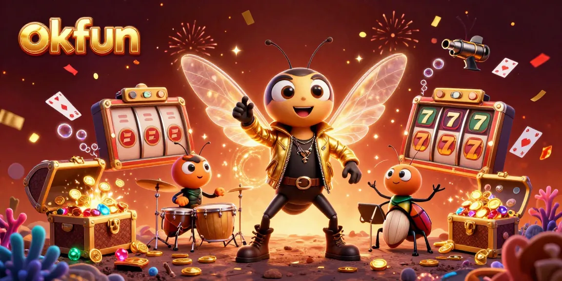 Experience exhilarating casino fun with okfun featuring a vibrant scene of a cicada rock star and beetle drummer in a dynamic celebration.