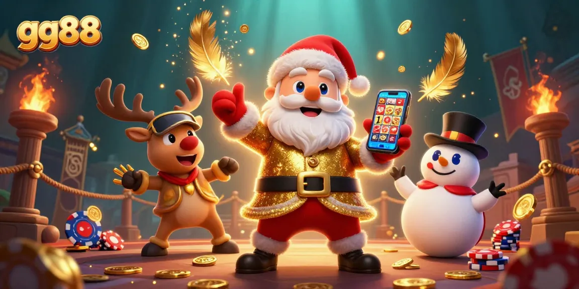 Experience exciting jackpot slots with gg88, featuring Santa, his reindeer, and a poker chip snowman in a vibrant casino scene.