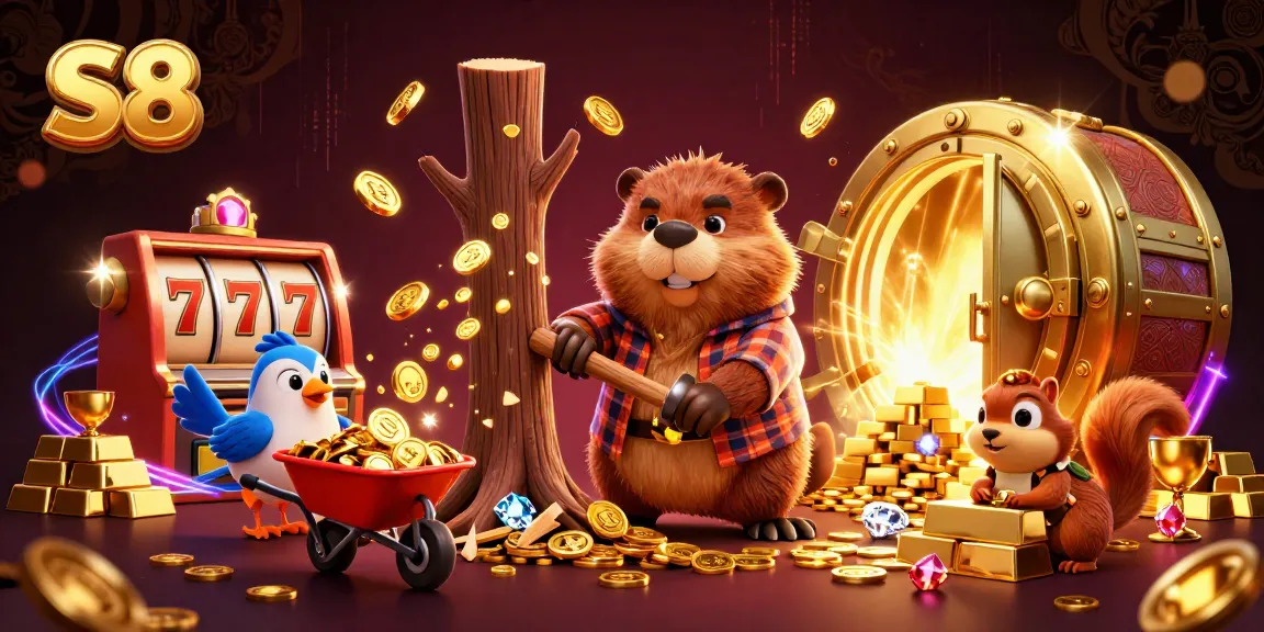 Engage with S8's vibrant casino world as cartoon characters collect coins and gems amidst slot games.