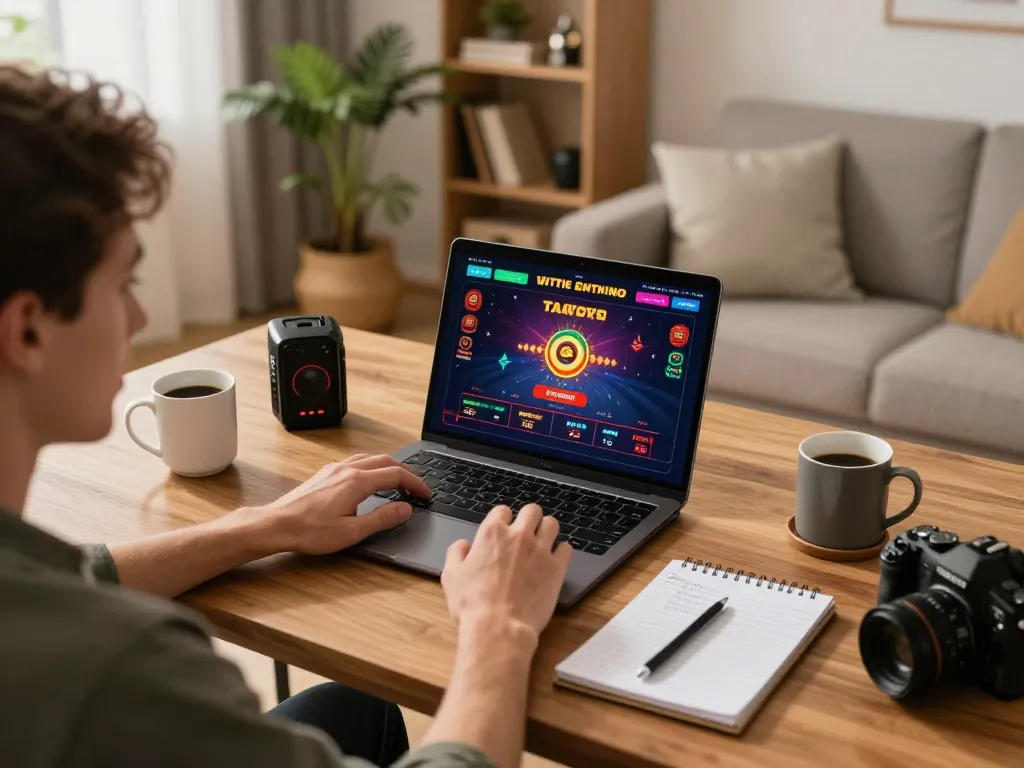 Engaged player using OKFUN laptop for online casino games with a warm, cozy home atmosphere.