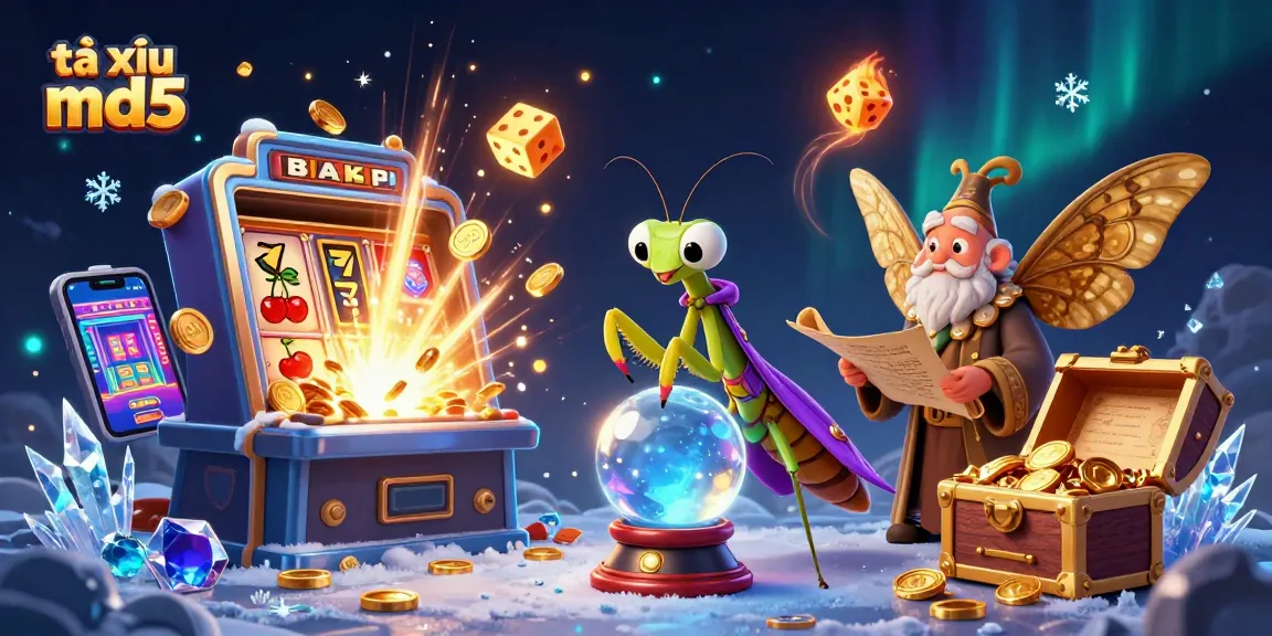 Engage in thrilling tài xỉu md5 gameplay with a vibrant 3D illustration of fortune characters and casino elements.