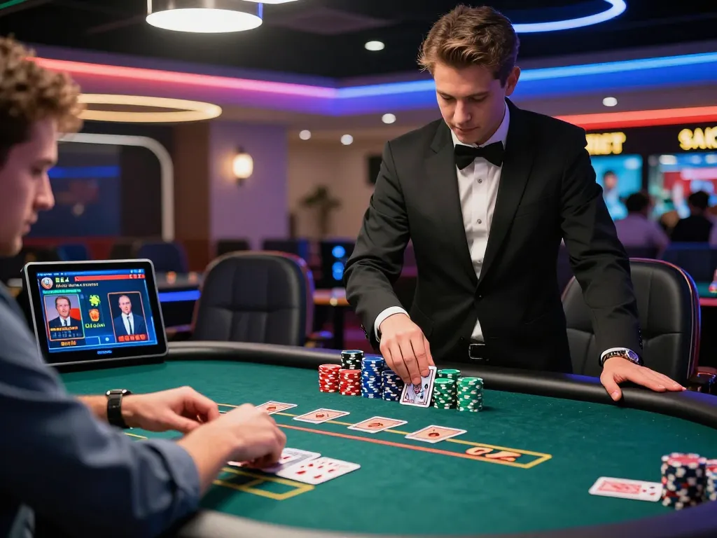Engaging live casino atmosphere at nhà cái k88 featuring a player at the gaming table with vibrant casino interior.