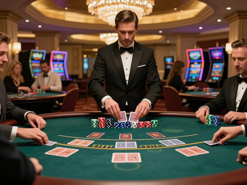 DOLA789 players making strategic bets at a high-stakes blackjack table in a luxury casino.