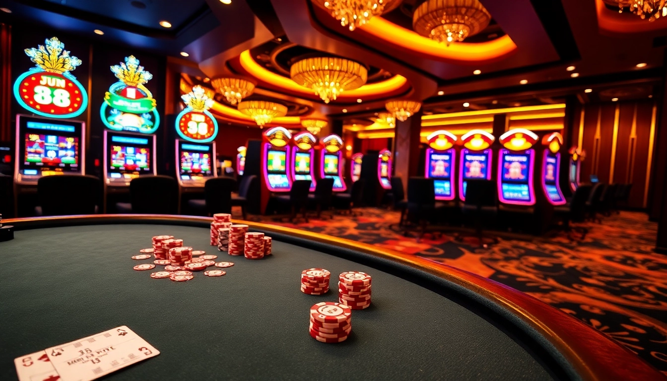 Excited players engaging at Jun 88's luxurious casino gaming tables with vibrant slot machines.