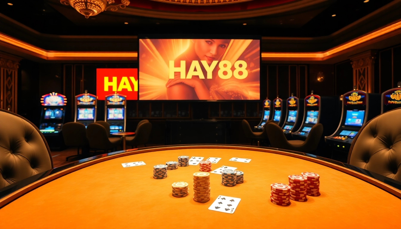 Experience high-stakes gaming at HAY88 with vibrant casino tables and exciting slot machine visuals.