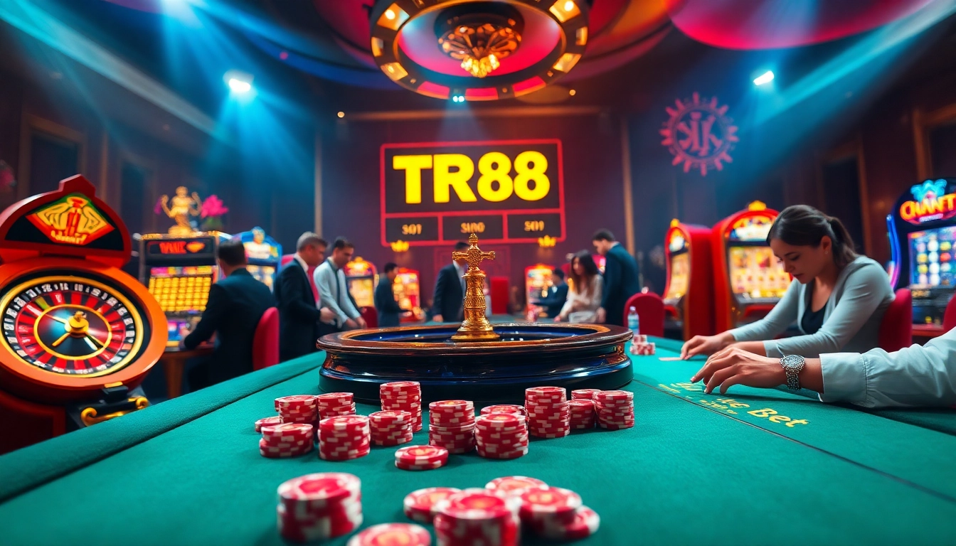 Experience the thrill of TR88 bet at a luxurious casino table filled with colorful chips and cards.