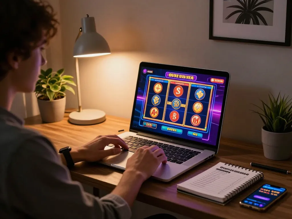 Berpartisipasi dalam permainan kasino online dengan link slot yang ditampilkan di laptop, suasana rumah yang nyaman.