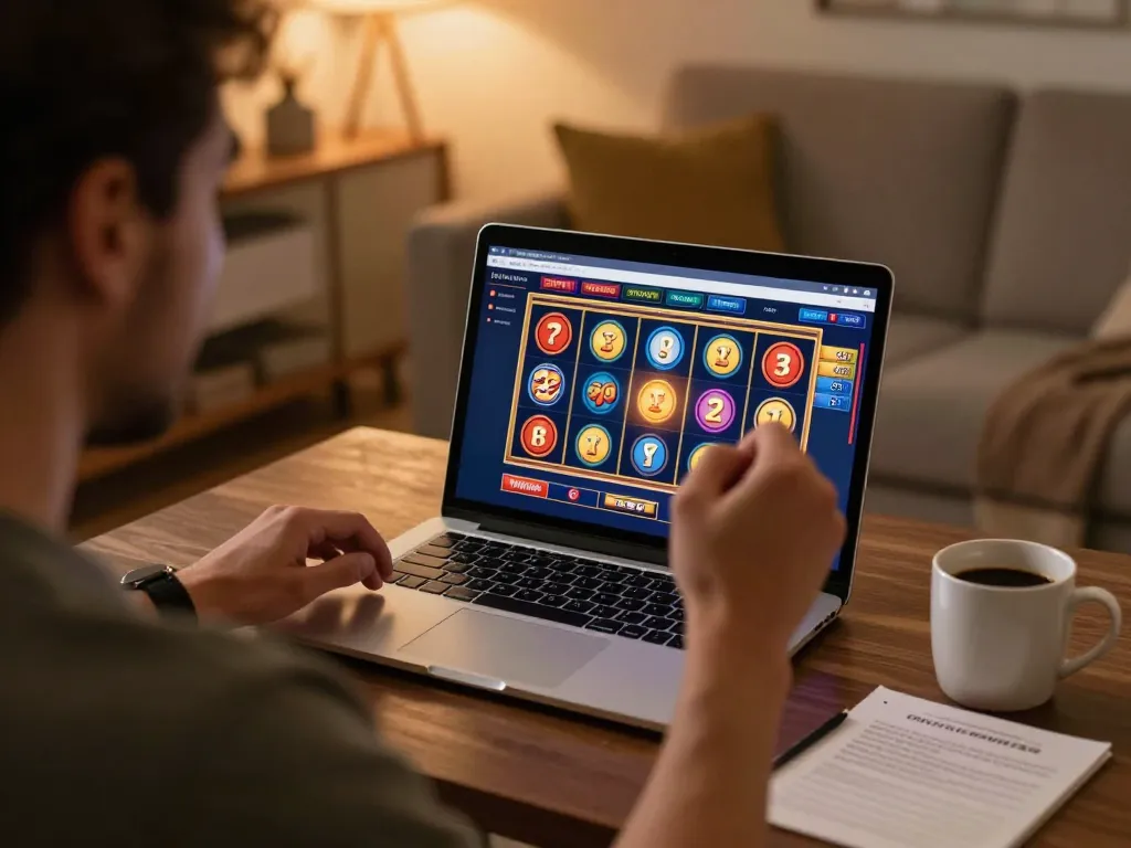 UG88 player celebrating a win on online casino platform while using laptop in cozy living room.