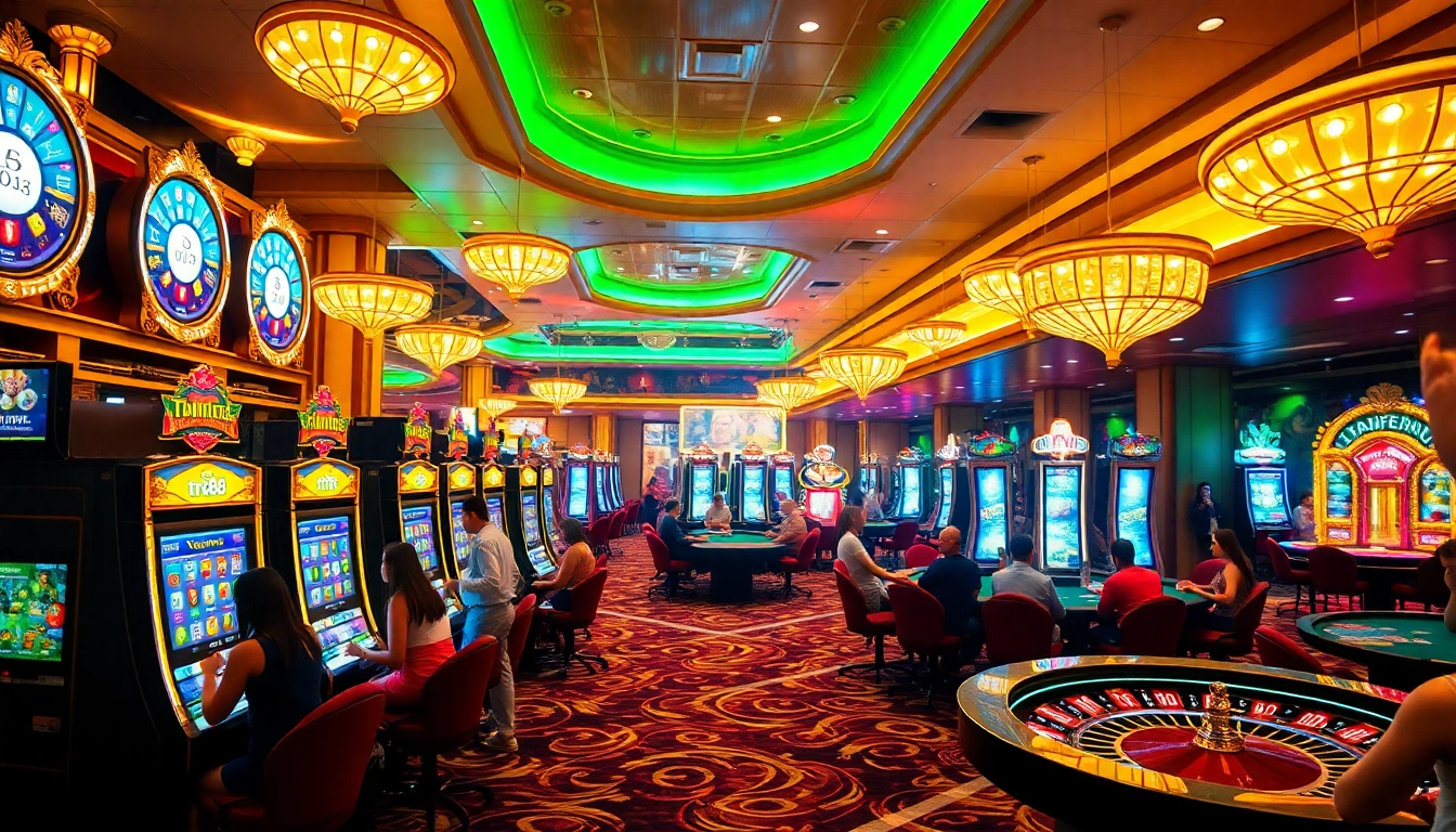 Experience thrilling gameplay at TR88 casino with vibrant slot machines and excited players.