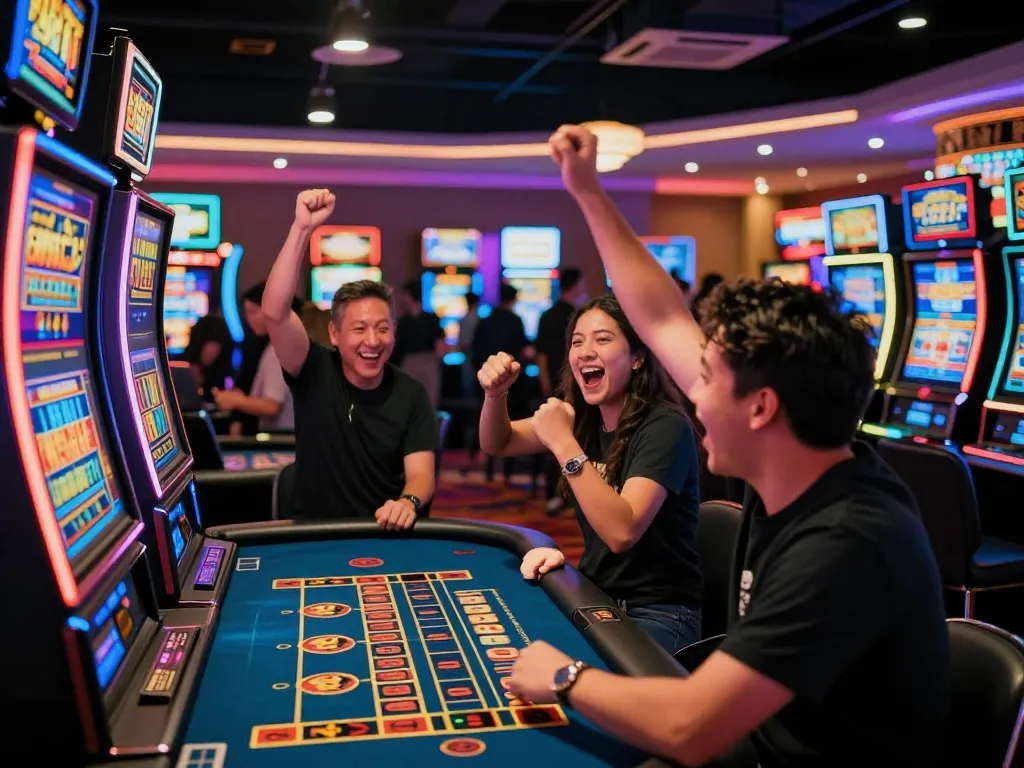 Players enjoying a thrilling moment at 888top com casino during a winning slot session.