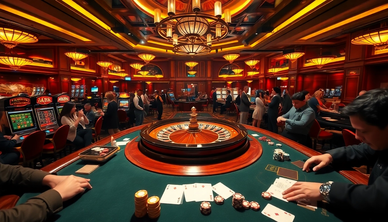 Engaging casino scene representing ĐĂNG NHẬP RR88 with players at poker and slot machines, set in a luxurious environment.