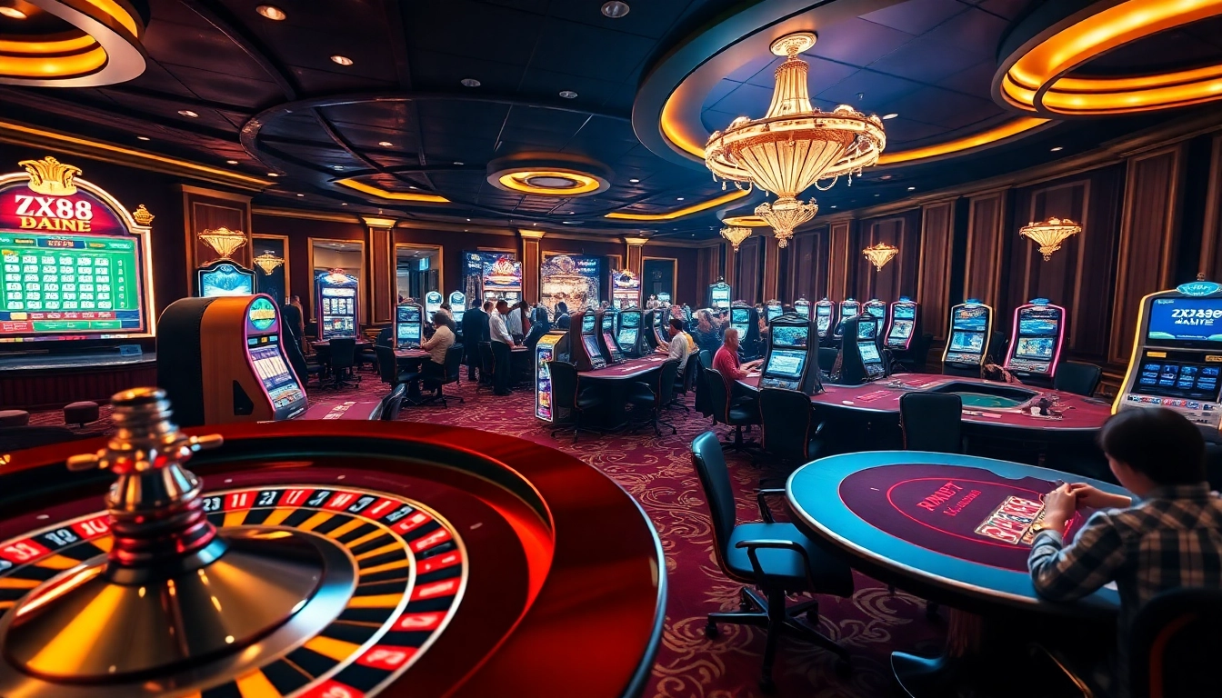 Exciting online gambling scene showcasing https://zx88.live/ with vibrant roulette wheel and slot machines.