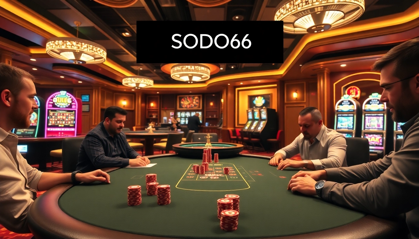 SODO66 casino scene with poker players, roulette wheel, vibrant lights, and luxury decor.
