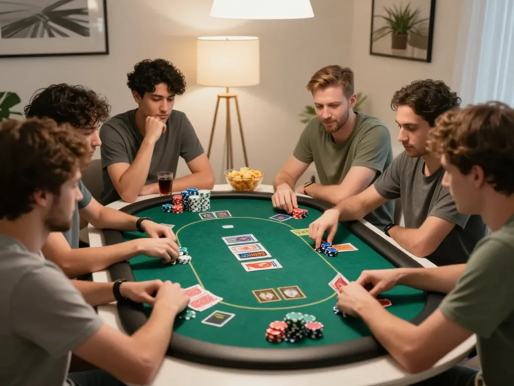 Players enjoying a MEGA888 poker game at home, highlighting strategic gameplay and friendly competition.