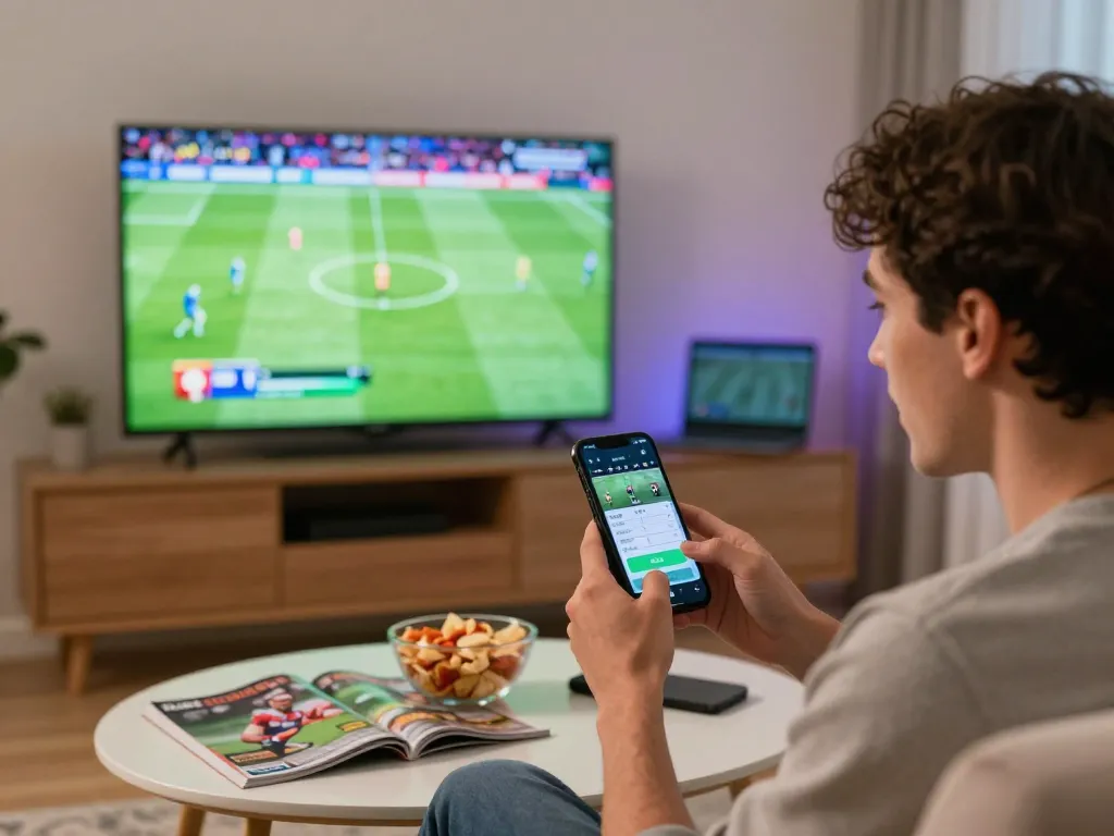 Socolive user engaging in sports betting via mobile app while enjoying a live football match.