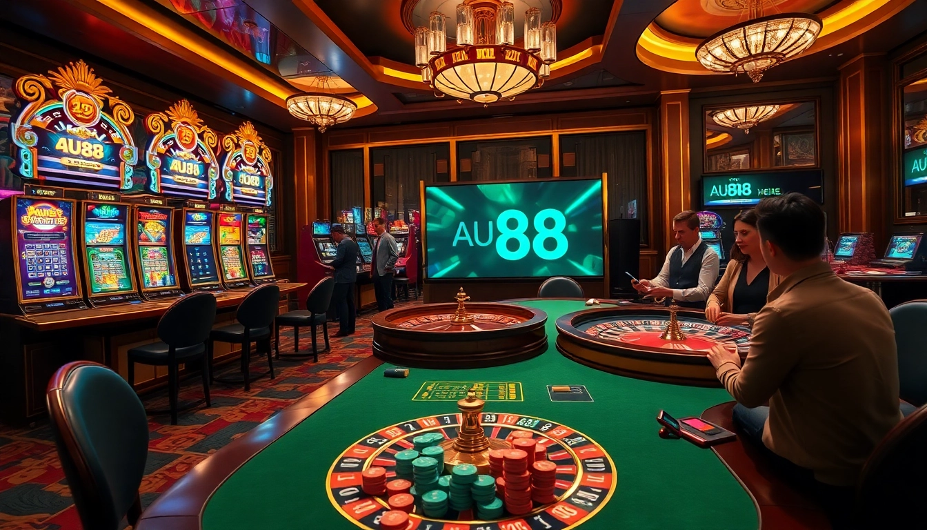 Exciting casino atmosphere showcasing AU88 with vibrant slot machines and roulette excitement.