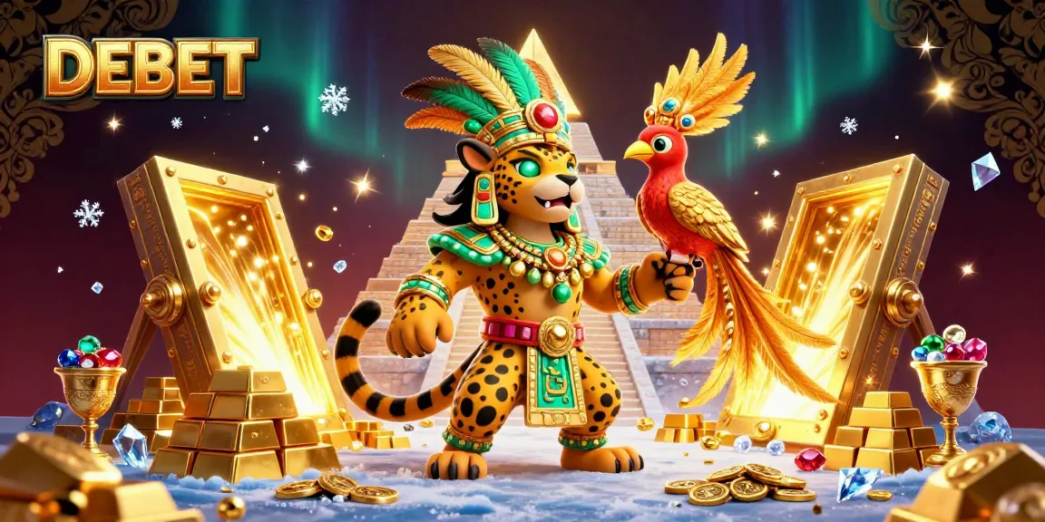 Experience the thrill of DEBET with captivating Mayan priest and treasures in this vibrant casino illustration.