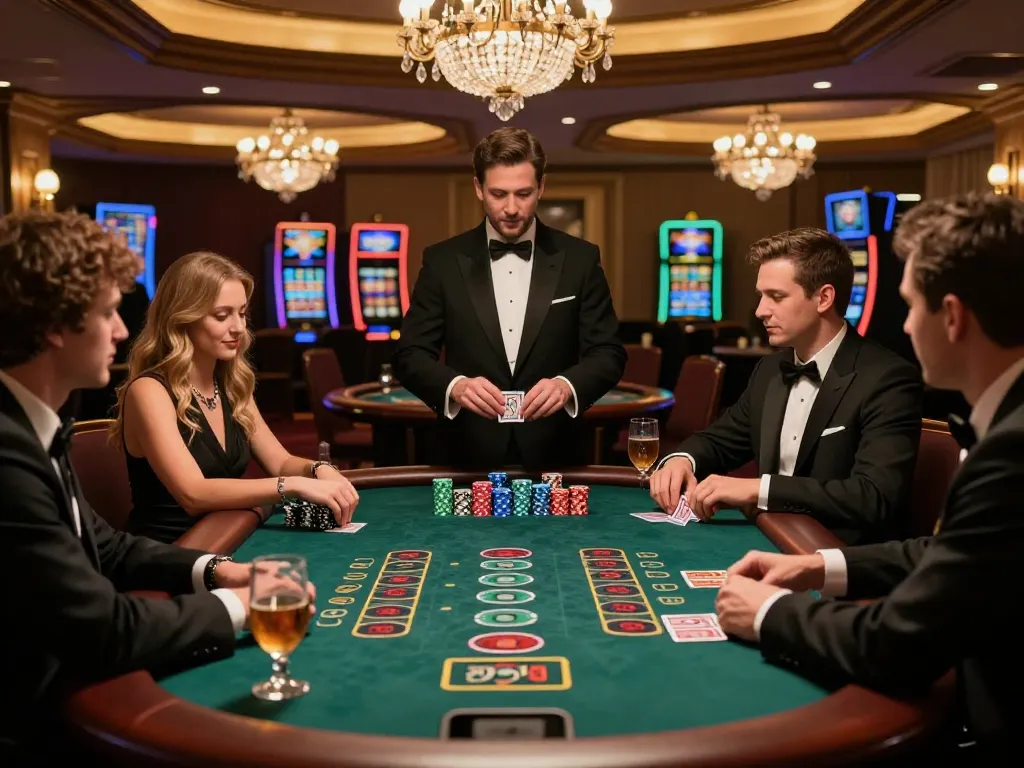 33WIN blackjack table with players placing bets and dealer managing cards in a luxurious casino setting.