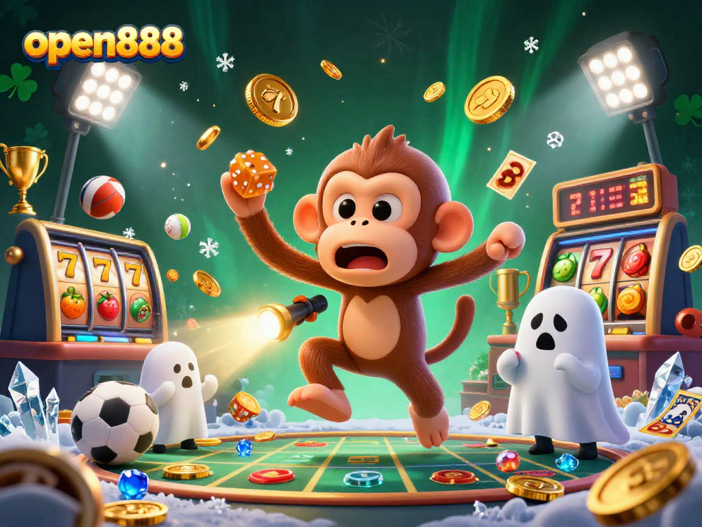 open888 showcases a lively poltergeist monkey and a curious puppy amidst dynamic casino elements.