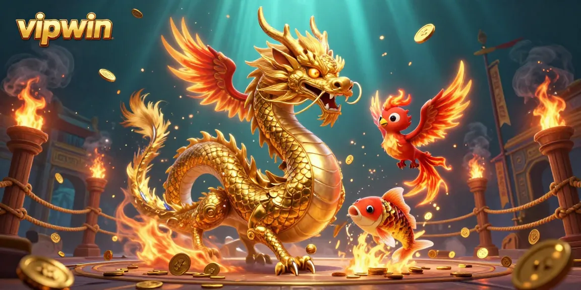 Experience thrilling adventures at vipwin with a fierce dragon and lucky koi fish in a vibrant casino setting.