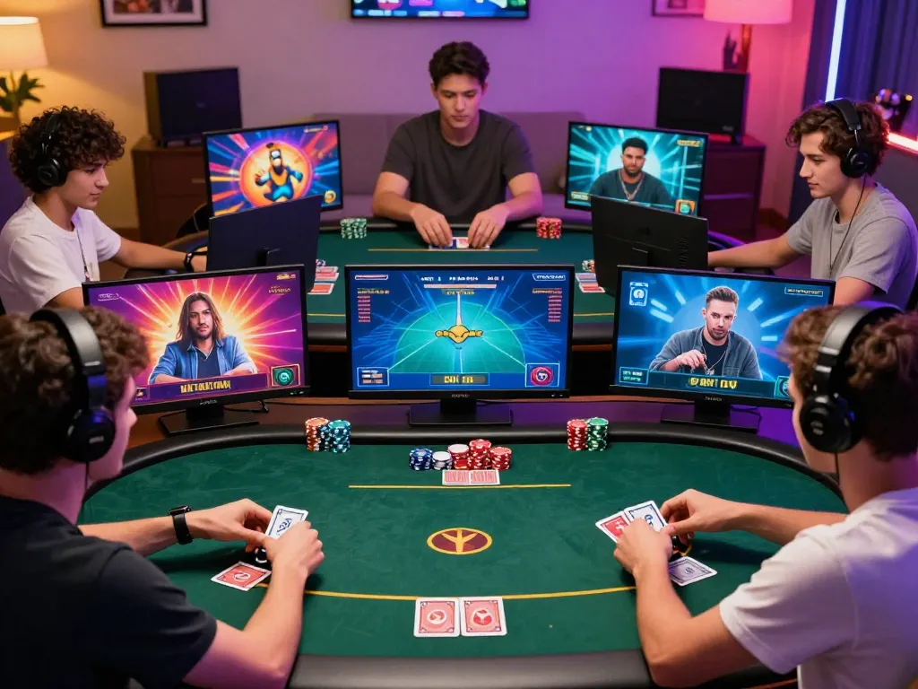 Exciting game bài session with diverse players engaged in online gaming, showcasing vibrant graphics and poker chips.