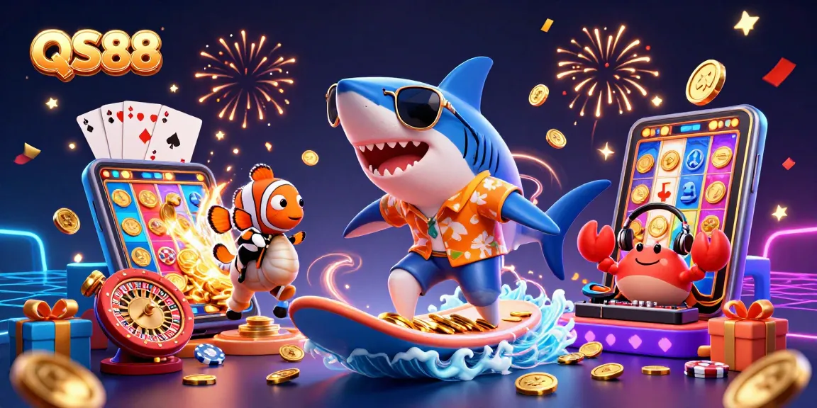QS88 offers a thrilling casino experience with energetic characters surfing on gold coins and vibrant gaming elements.