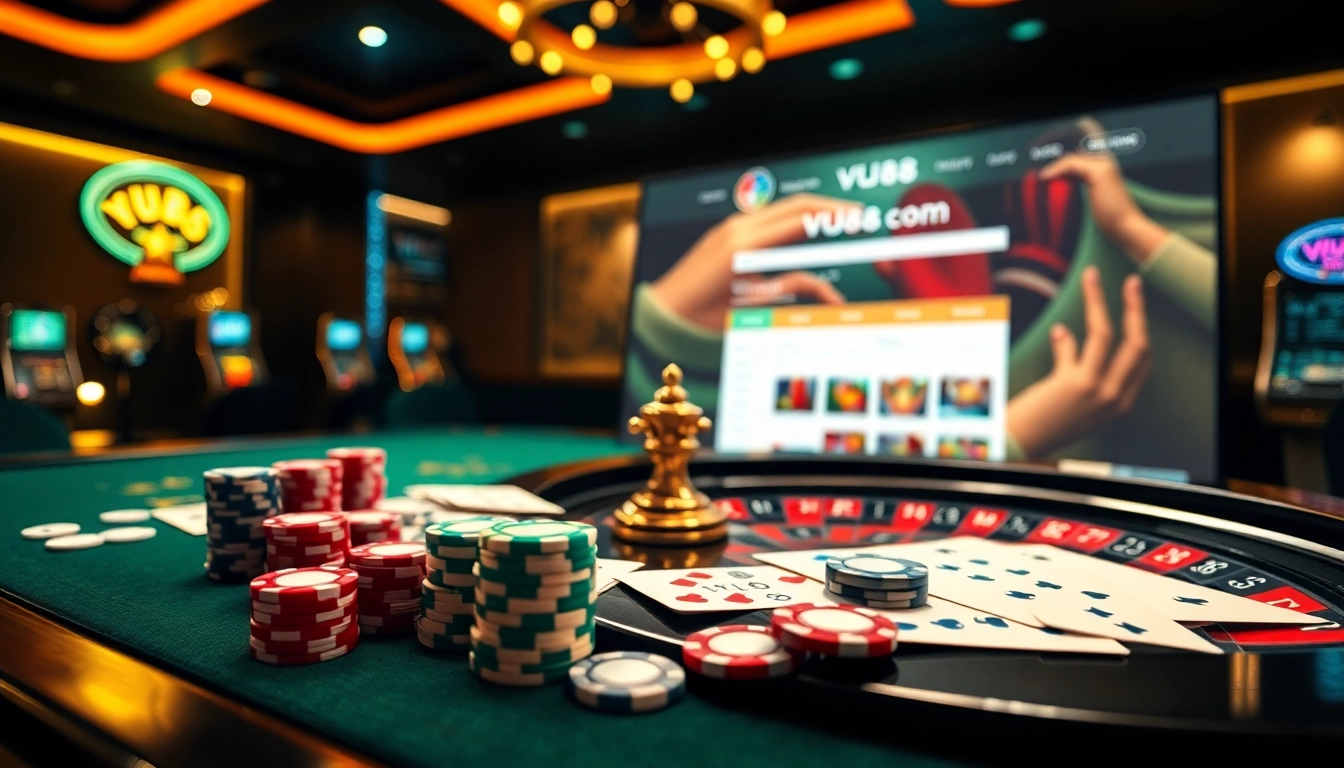 Experience the thrill of online gaming at vu88 com with poker chips and vibrant casino elements.