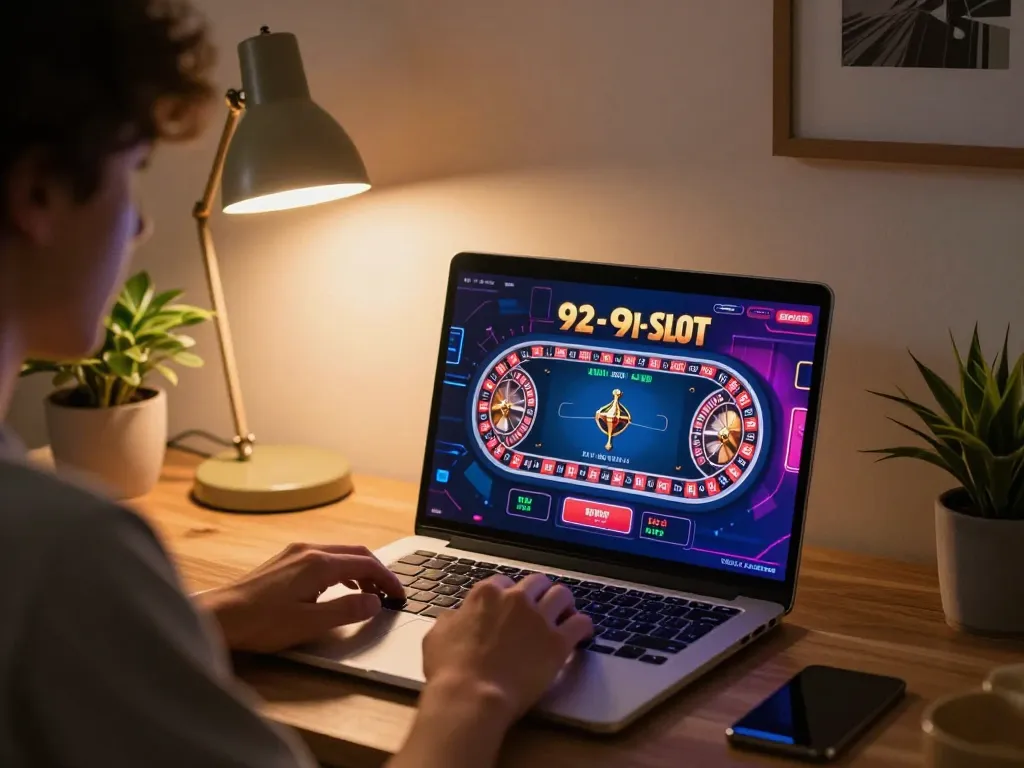 Playing 92slot online casino at home, engaging with a roulette table interface in a cozy setting.