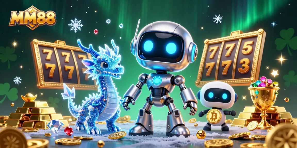 Experience thrilling MM88 gameplay with a futuristic robot mascot, AI dragon, and gold treasures.